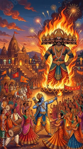 Vijayadashami festival celebration showing Rama flaming arrow at Ravana effigy, Hindu Dussehra event with joyful crowd dancing near temple, symbolizing victory of good over evil.