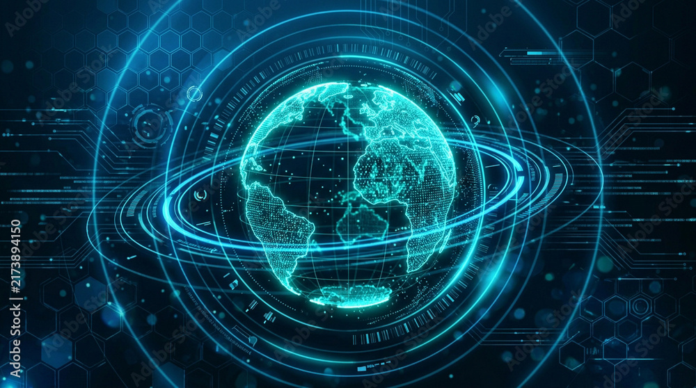Fototapeta premium Digital globe with data nodes and glowing network lines in cyberspace