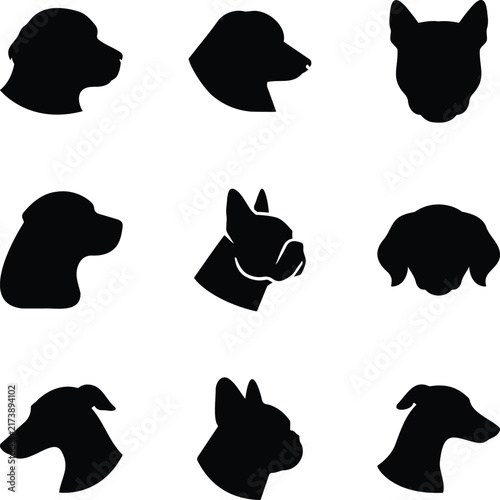 Dog Head Silhouette Collection, Set of Unique Canine Profile and Front-Facing Black Pet Icons on White Background, Minimalist Puppy and Dog Breed Head Shapes, Isolated Animal Vector Style Design
