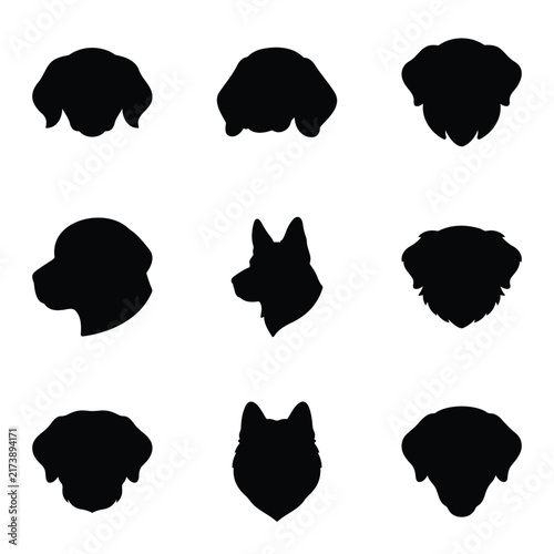 Dog Head Silhouette Collection, Set of Unique Canine Profile and Front-Facing Black Pet Icons on White Background, Minimalist Puppy and Dog Breed Head Shapes, Isolated Animal Vector Style Design