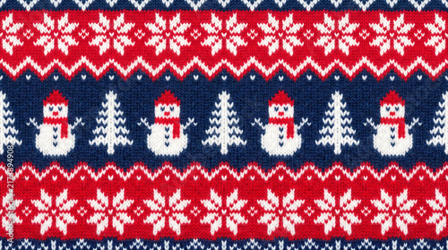 Festive winter pattern featuring snowmen trees and snowflakes in red and blue