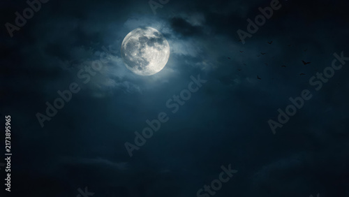 Atmospheric Halloween night sky with full moon and flying bats