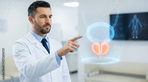 Male urologist doctor points at futuristic glowing hologram projection of human urinary bladder and prostate gland for anatomical diagnosis in modern hospital.