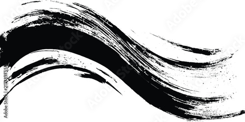 Large black ink brush stroke with distressed texture and wavy motion