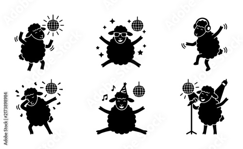 Dancing Sheep Silhouettes, Party Animals Collection, Fun Vector Icons for Music Events and Celebrations, Black and White Graphic Elements