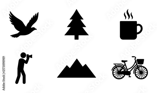 Nature and Outdoor Adventure Icons: Bird, Tree, Mountains, Photographer, Coffee Cup, Bicycle Set, Vector Graphics