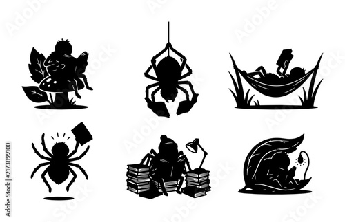 Spider Reading Icons, Insect Characters Enjoying Books, Nature Scenes, Silhouette Vector Set