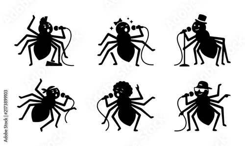 Six Silhouettes of Spiders Singing with Microphones, Vector Icons for Music and Performance Themes