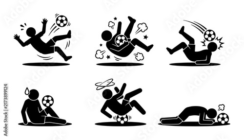 Soccer Player Action Icons, Football Game Moves, Dynamic Sports Figures, Stickman Kicks and Falls, Black and White Vector Set