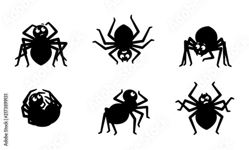 Six Black Spider Silhouettes, Cartoon Halloween Arachnids, Spooky Insect Vector Icons, Creepy Crawly Graphics for Horror Themes