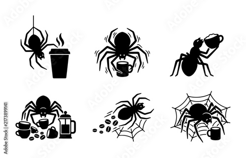 Vector Icons: Spiders and Ants Enjoying Coffee, 6 Elements, Black and White Silhouettes for Caffeine Lovers and Halloween Themes