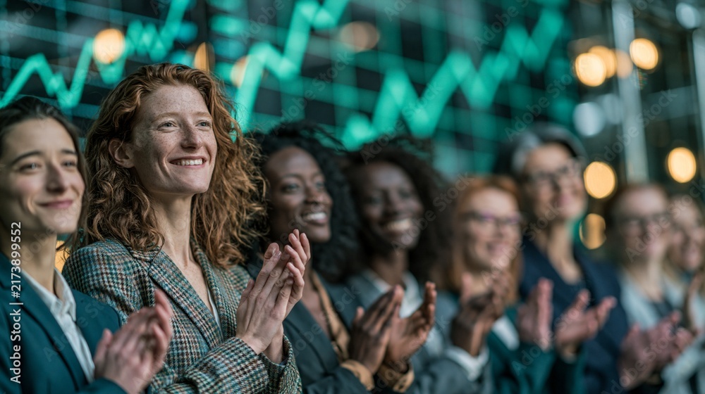 Obraz premium A group of all-female business professionals standing, applauding, and celebrating investment profits