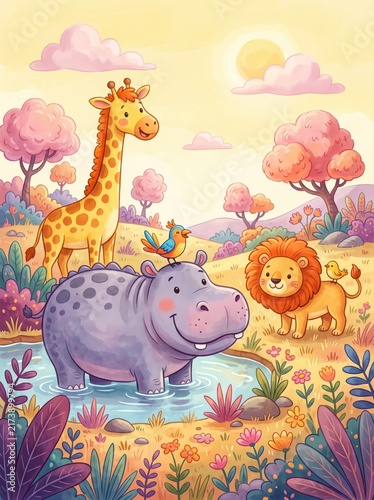 Cute safari animals illustration, watercolor jungle nursery art with giraffe, hippo and lion, pastel children playroom decor