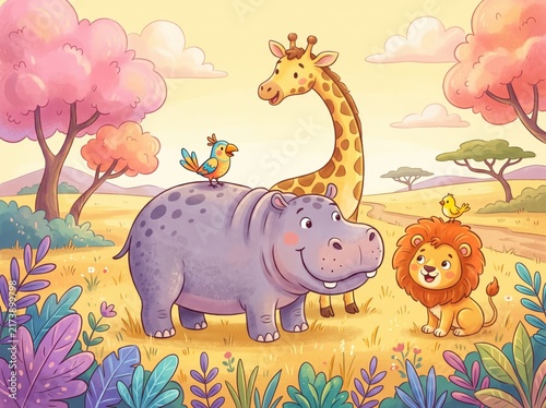 Cute safari animals illustration, watercolor cartoon giraffe, hippo and lion cub, nursery wall art background