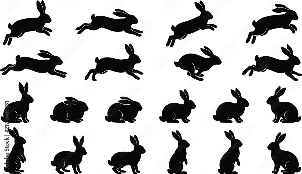 Fototapeta premium Run and jump rabbit black silhouettes collection is ideal for Easter and springtime designs project.