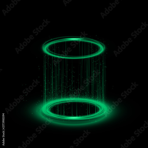 Foto Futuristic glowing cylindrical structure with green neon lights on a dark backgr
