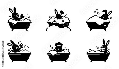 Cute Bunny Bath Time Vector Icons, Adorable Rabbit in Bathtub with Bubbles, Playful Animal Hygiene Graphics, Set of 6 Black and White Illustrations