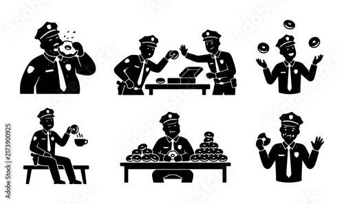 Police Officer Icons Set: Funny Scenes, Coffee Break, Doughnut Love, Juggling, Law Enforcement Humor, Vector Graphics