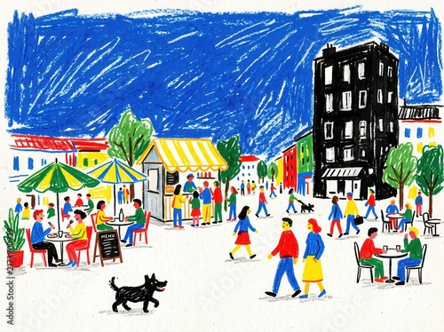 Naive art city square illustration, vibrant outdoor cafe scene with people and dogs, colorful urban life drawing in crayon style