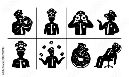 Police Officer Icons Set, Law Enforcement Silhouette Collection, Security Guard Graphics, Criminal Justice Symbols, Officer Lifestyle Illustrations, Public Safety Vector Art