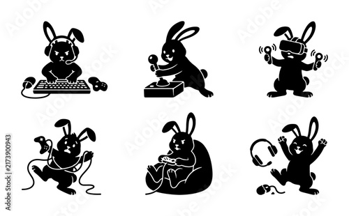 Gaming Rabbits Vector Icons: Gamer Bunnies with VR, Headsets, Controllers, and Keyboards, Playful Digital Entertainment Characters