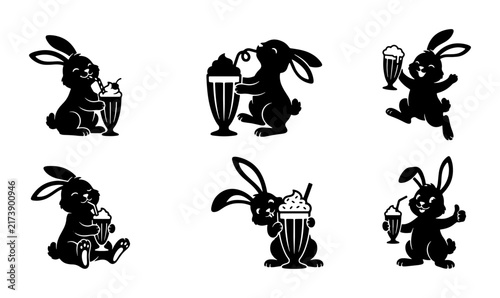 Cute Bunny Milkshake Vector Icons, Adorable Rabbit Characters Enjoying Sweet Drinks, Whimsical Animal Illustrations for Food and Beverage Graphics