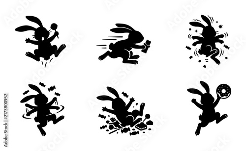 Playful Rabbit Silhouettes, 6 Dynamic Action Poses Vector Icons Set, Black and White Energetic Bunny Graphics for Easter and Spring Themes