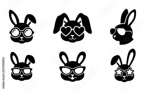 Chic Bunny Icons, Stylish Rabbit Faces with Sunglasses, Cute Animal Head Silhouettes, Modern Vector Graphics for Easter and Spring Themes