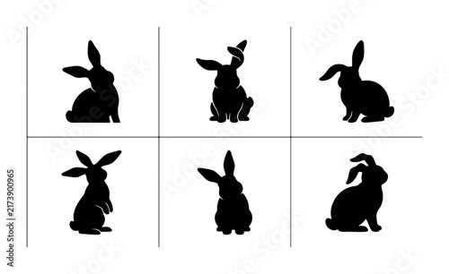 Six Black Rabbit Silhouettes, Cute Bunny Poses Vector Set, Easter Spring Animal Icons, Minimalist Graphic Elements