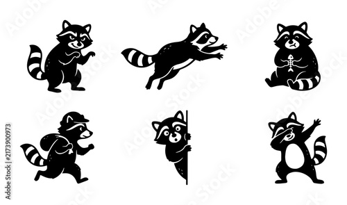 Charming Raccoon Vector Icons Set, Cute Woodland Animal Illustrations, Playful Wildlife Character Graphics, Black and White Cartoon Art for Design Projects