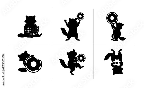 Chubby Raccoon Characters, Cute Donut Icons, Playful Animal Silhouettes, Vector Set for Food Lovers and Kids' Designs