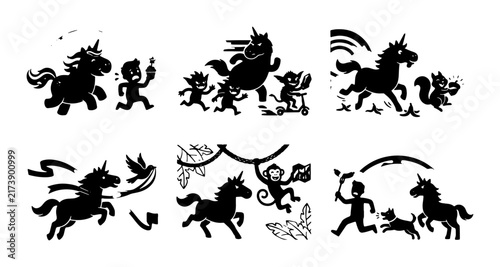 Whimsical Unicorn and Friends Silhouette Collection, Magical Fantasy Creatures, Playful Characters, Enchanted Forest Elements, Vector Art for Children's Designs