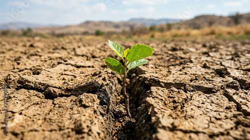 Resilient green sapling growing in cracked dry earth.