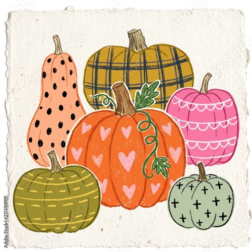 Boho autumn pumpkins illustration, decorative patterned squash collection, whimsical fall harvest art on textured paper background