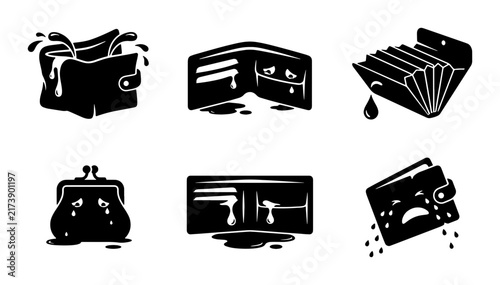 Empty Wallet Icons, Sad Money Pouch Graphics, Financial Crisis Vector Set, Broke Cash Holder Illustrations, Loss Concept