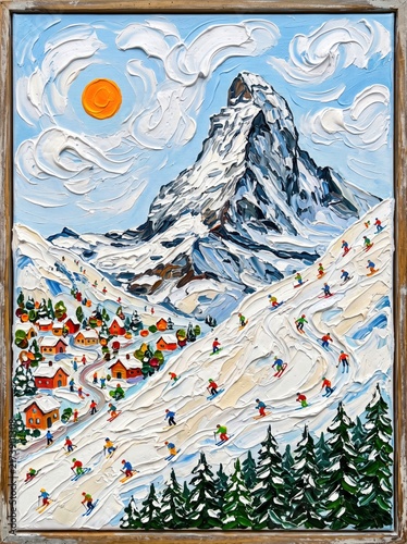 Impasto oil painting of snowy mountain peak, alpine ski resort with skiers on slopes, textured winter landscape illustration