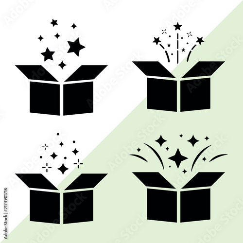 Magic Present Box Collection with Celebration Sparkles Silhouette Vector Pack, Open Gift Box Surprise Icon Set with Sparkle Burst