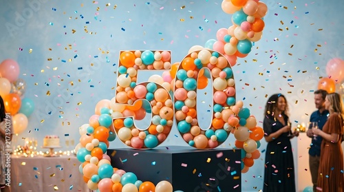 Happy 50th birthday party celebration with colorful balloons and falling confetti images