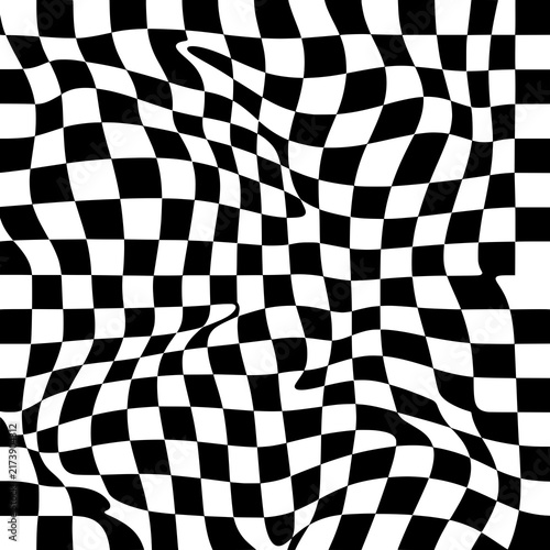 Wavy Checkerboard Pattern vector illustration featuring a classic checkered grid distorted into smooth flowing waves. Perfect for retro backgrounds, wallpapers, packaging, textiles, posters, branding,
