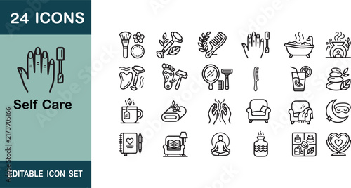 Self Care And Spa Routine Line Icons For Wellness Concept