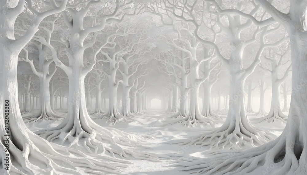 Obraz premium Ethereal white sculpted forest corridor. Monochrome dreamscape and fantasy background. Surreal white trees with exposed roots forming an arched pathway in fog