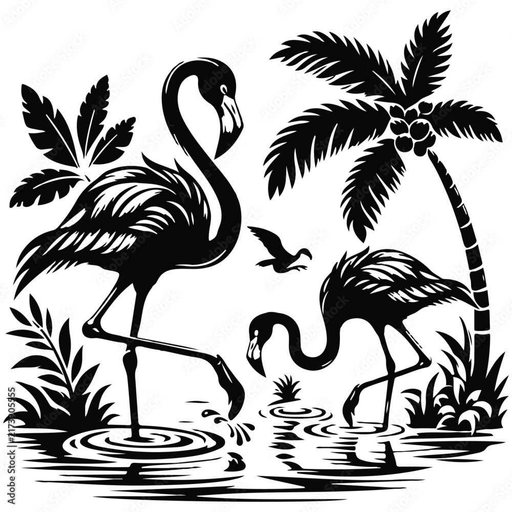 Naklejka premium Two Flamingos in Tropical Landscape Silhouette Illustration