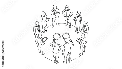 Group of business professionals standing in a circle sketch.