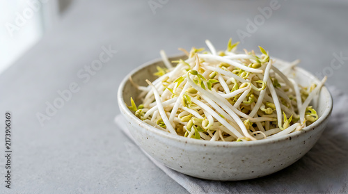Fresh sprouts in a small ceramic bowl placed on a gray background.
