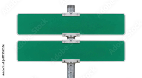 Fotografie Two blank green street signs mounted on a metal pole for customization