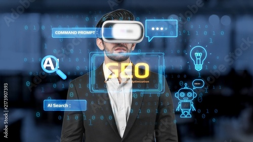 Businessman Using Virtual Reality Headset for SEO Optimization in Digital Marketing  AI  and Technology Background with Data Visualizations. Entropy.