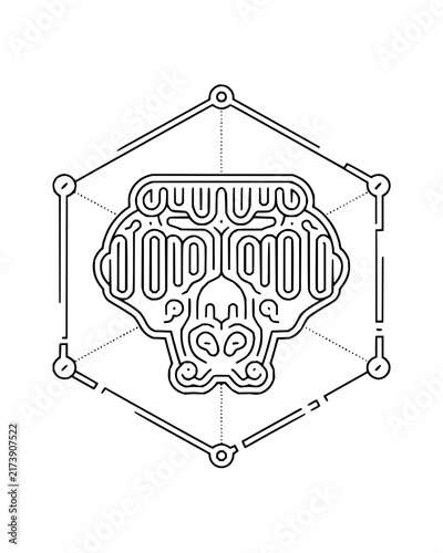 Abstract technical drawing of a stylized organ with circuit patterns in a hexagonal frame