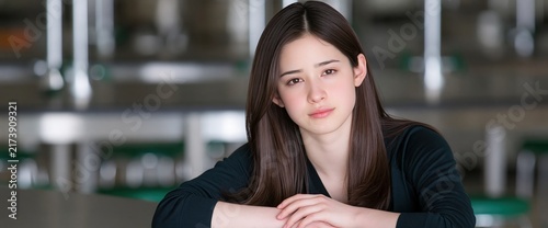 Young woman resting her chin on her crossed arms while sitting at a table in a public space.