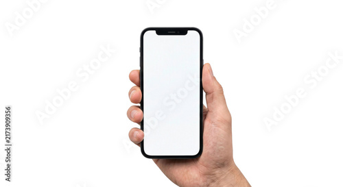 Obraz na plátne Hand holding a modern smartphone with a blank white screen for customization