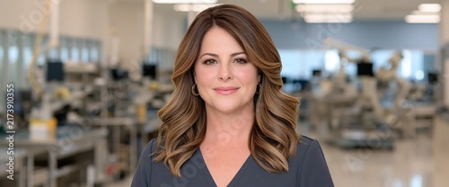 Businesswoman standing proudly inside a modern industrial manufacturing facility with large machinery in the blurred background.